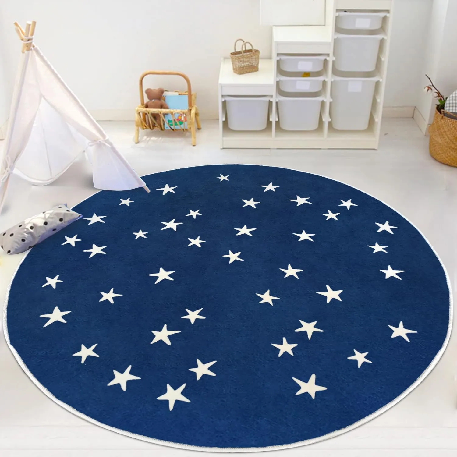 Poowe Stars Round Rug Starry Sky Stars Area Rug Soft Durable Washable for Nursery Playroom Classroom，Kids Area Rug, Large Non-Slip Baby Crawling Floor Mat,Navy Blue-Round 4FT