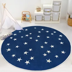 Poowe Stars Round Rug Starry Sky Stars Area Rug Soft Durable Washable for Nursery Playroom Classroom，Kids Area Rug, Large Non-Slip Baby Crawling Floor Mat,Navy Blue-Round 4FT