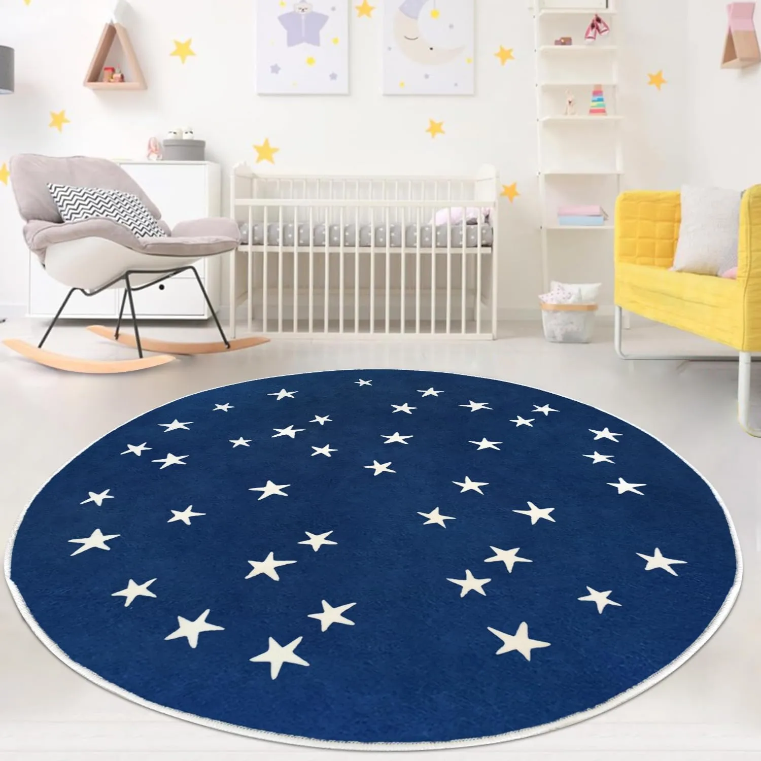 Poowe Stars Round Rug Starry Sky Stars Area Rug Soft Durable Washable for Nursery Playroom Classroom，Kids Area Rug, Large Non-Slip Baby Crawling Floor Mat,Navy Blue-Round 4FT