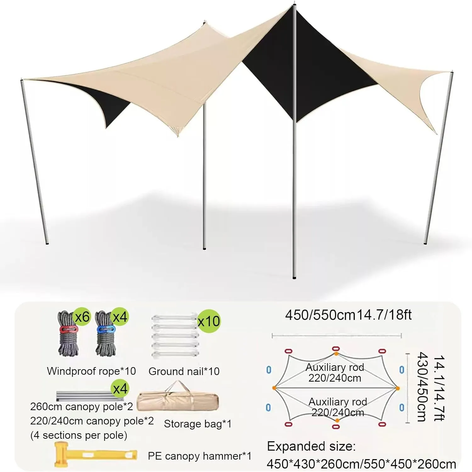 Portable Camping Tarp Shelter, Canopy Sun Shade, Outdoor Tent with Metal Support Poles for Parks, Gardens, Lawns, Courtyards, Four Ways to Set Up