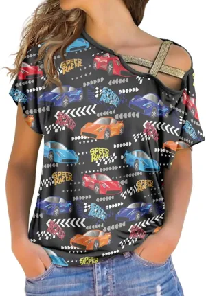 Princess Colorful Crowns Criss-Cross One Shoulder Tops Sexy Cold Shoulder Shirts Short Sleeve T-Shirts Loose Casual Tees