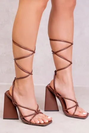 PYRAMID BLOCK HEEL KNOT DETAIL LACE UP IN CHOCOLATE BROWN FAUX LEATHER
