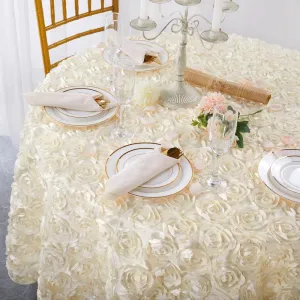 QueenDream Floral Round Tablecloth 60 Inch Ivory Rosette Wedding Tablecloth for Sweetheart Table Birthday Party Cake Table Decoration