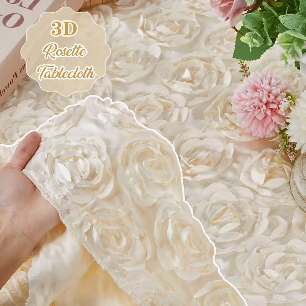 QueenDream Floral Round Tablecloth 60 Inch Ivory Rosette Wedding Tablecloth for Sweetheart Table Birthday Party Cake Table Decoration