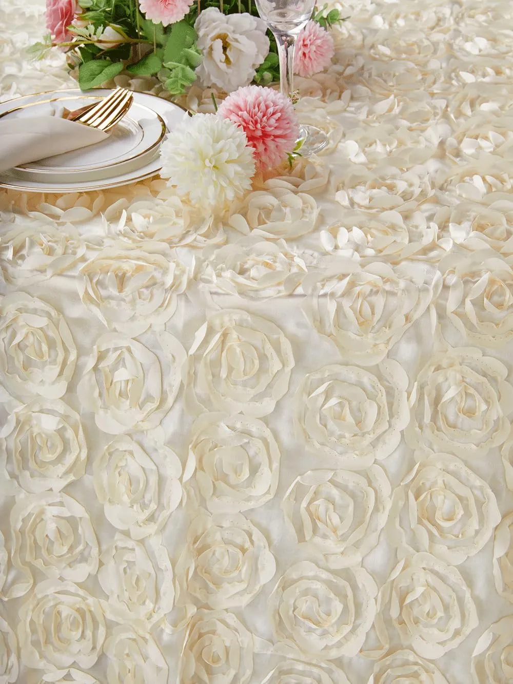 QueenDream Floral Round Tablecloth 60 Inch Ivory Rosette Wedding Tablecloth for Sweetheart Table Birthday Party Cake Table Decoration