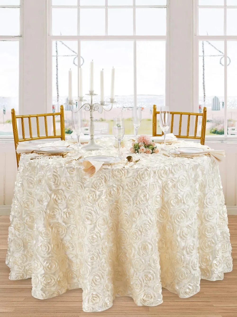 QueenDream Floral Round Tablecloth 60 Inch Ivory Rosette Wedding Tablecloth for Sweetheart Table Birthday Party Cake Table Decoration