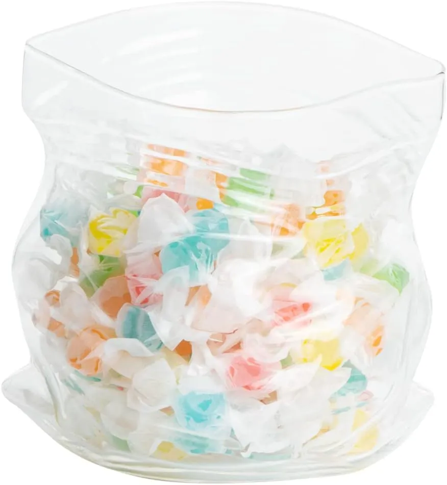 Restaurantware-22 Ounce Unzipped Bag Bowl, 1 Small Glass Bag - Realistic Crinkled Edges, Serve Candy, Popcorn, or Nuts, Clear Glass Bag Bowl, Dishwashable, Flat Base