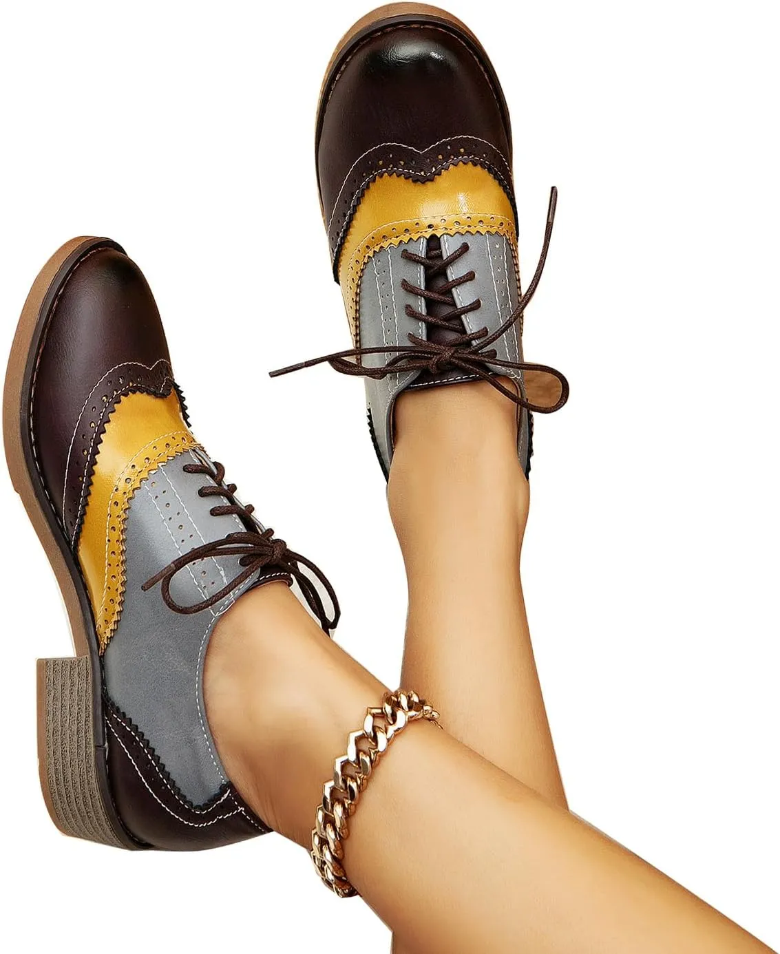 Retro Mix Color Fashion Oxford Shoes for Women Casual Chunky Heel lace up Sneaker