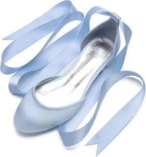Ribbon Tie Wedding Flats for Bride 5047-62 Satin Comfortable Round Toe Party Dress Pumps Ballet Flat Shoes
