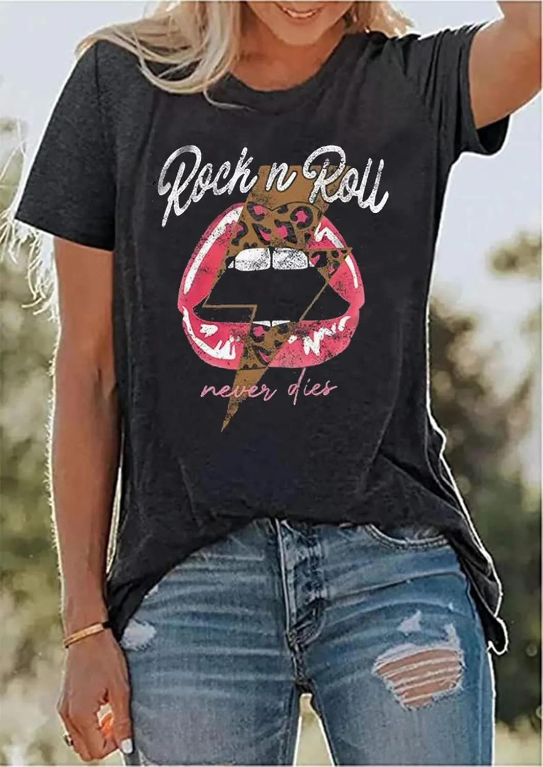 Rock N Roll Shirt Women Vintage Rock Music Graphic Shirt Country Music Tee Funny Letter Printed Casual Short Sleeve Tops