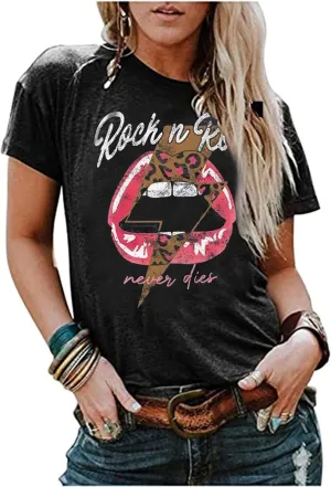 Rock N Roll Shirt Women Vintage Rock Music Graphic Shirt Country Music Tee Funny Letter Printed Casual Short Sleeve Tops
