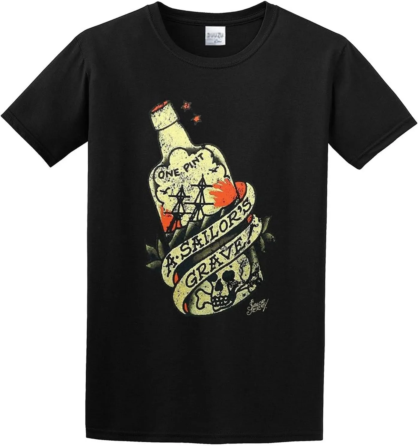 Sailor Jerry Tattoo Sailor's Grave Rum Bottle Unisex 100% Cotton Short-Sleeve T-Shirts Black