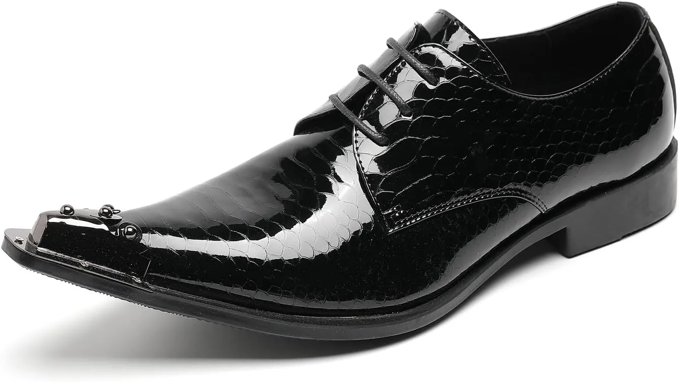 Santimon Mens Western Pointed Toe Leather Lace Up Dress Shoes Fashion Metal Tip Oxford
