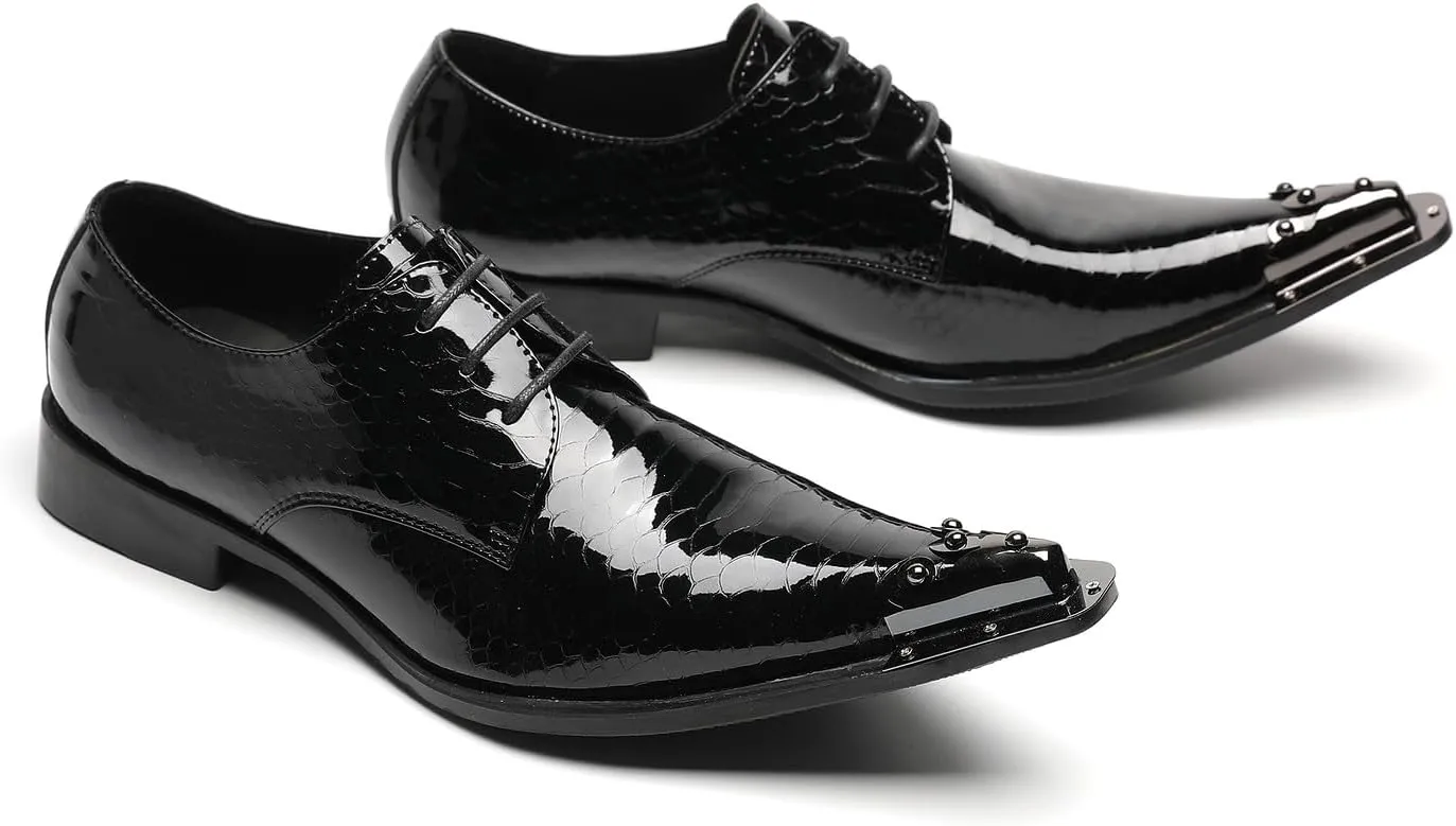 Santimon Mens Western Pointed Toe Leather Lace Up Dress Shoes Fashion Metal Tip Oxford