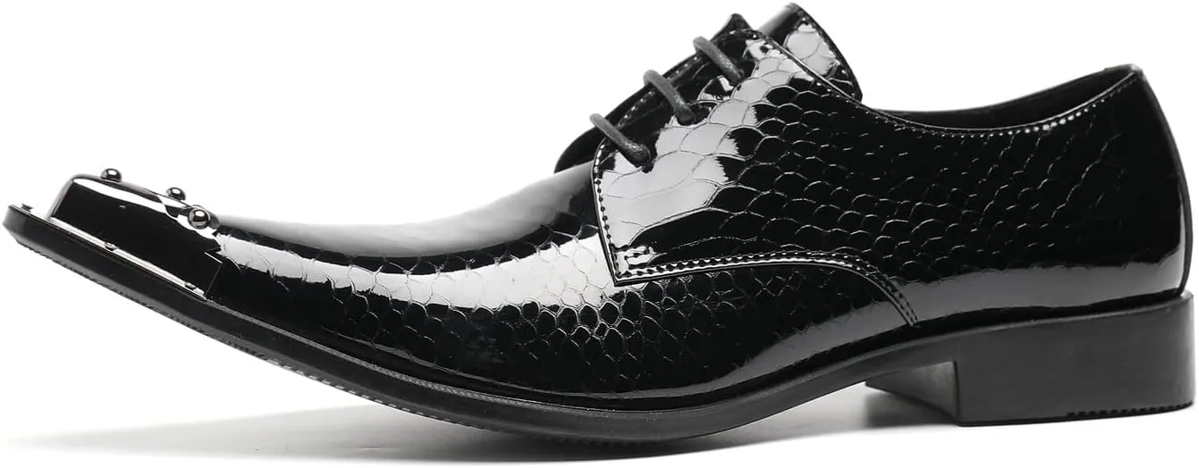 Santimon Mens Western Pointed Toe Leather Lace Up Dress Shoes Fashion Metal Tip Oxford