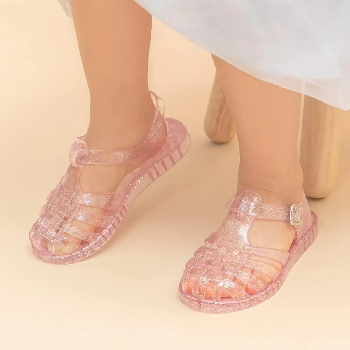 Sawimlgy Toddler Girls Jelly Sandals Summer Beach Closed Toe Crystal Princess Dress Flat Little Kid T-strap Rubber Sole Shoe