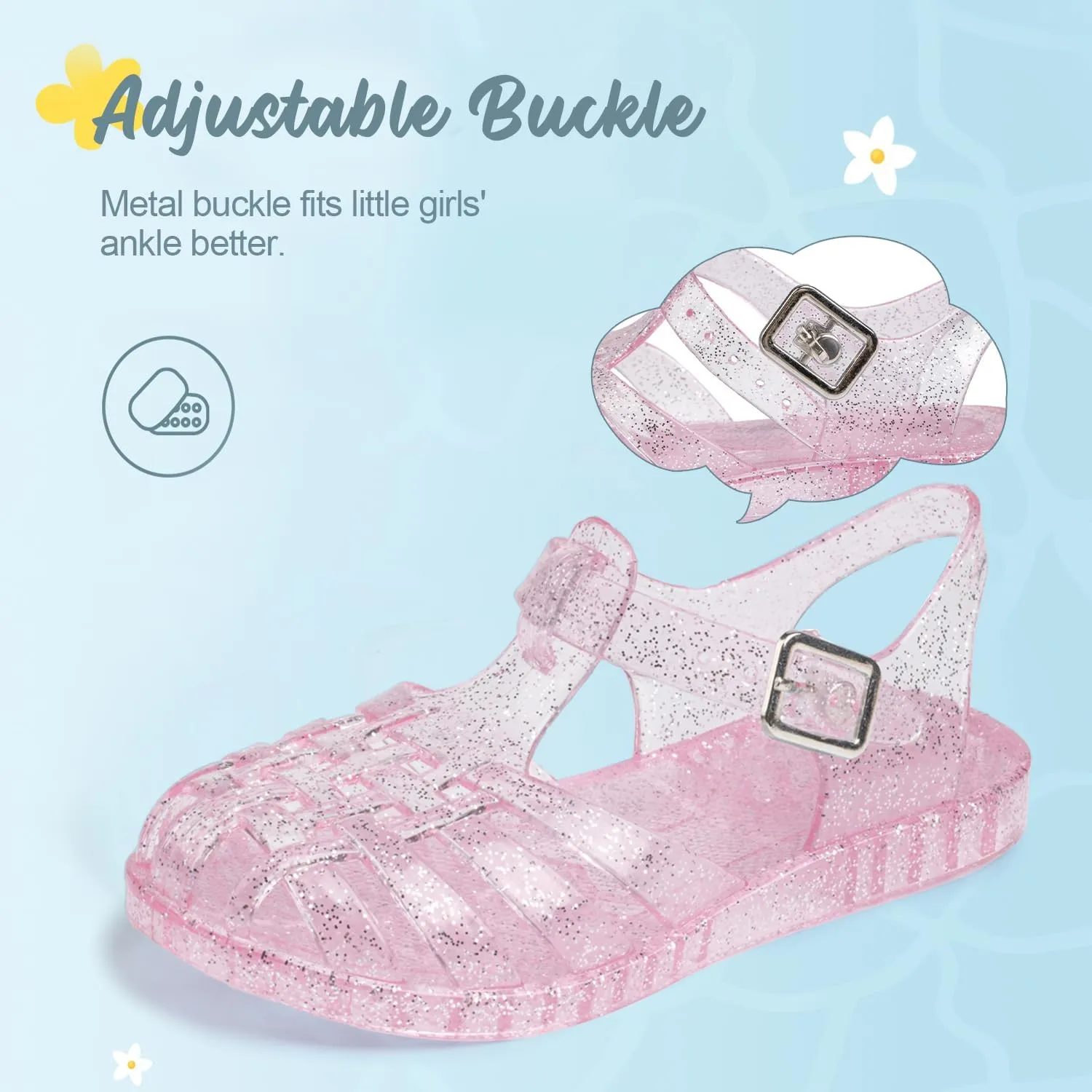 Sawimlgy Toddler Girls Jelly Sandals Summer Beach Closed Toe Crystal Princess Dress Flat Little Kid T-strap Rubber Sole Shoe