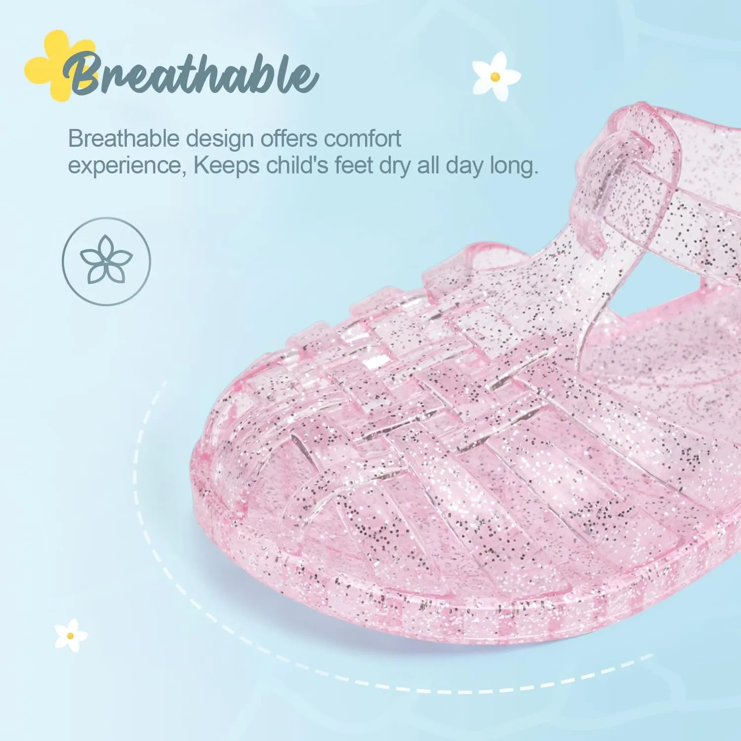 Sawimlgy Toddler Girls Jelly Sandals Summer Beach Closed Toe Crystal Princess Dress Flat Little Kid T-strap Rubber Sole Shoe