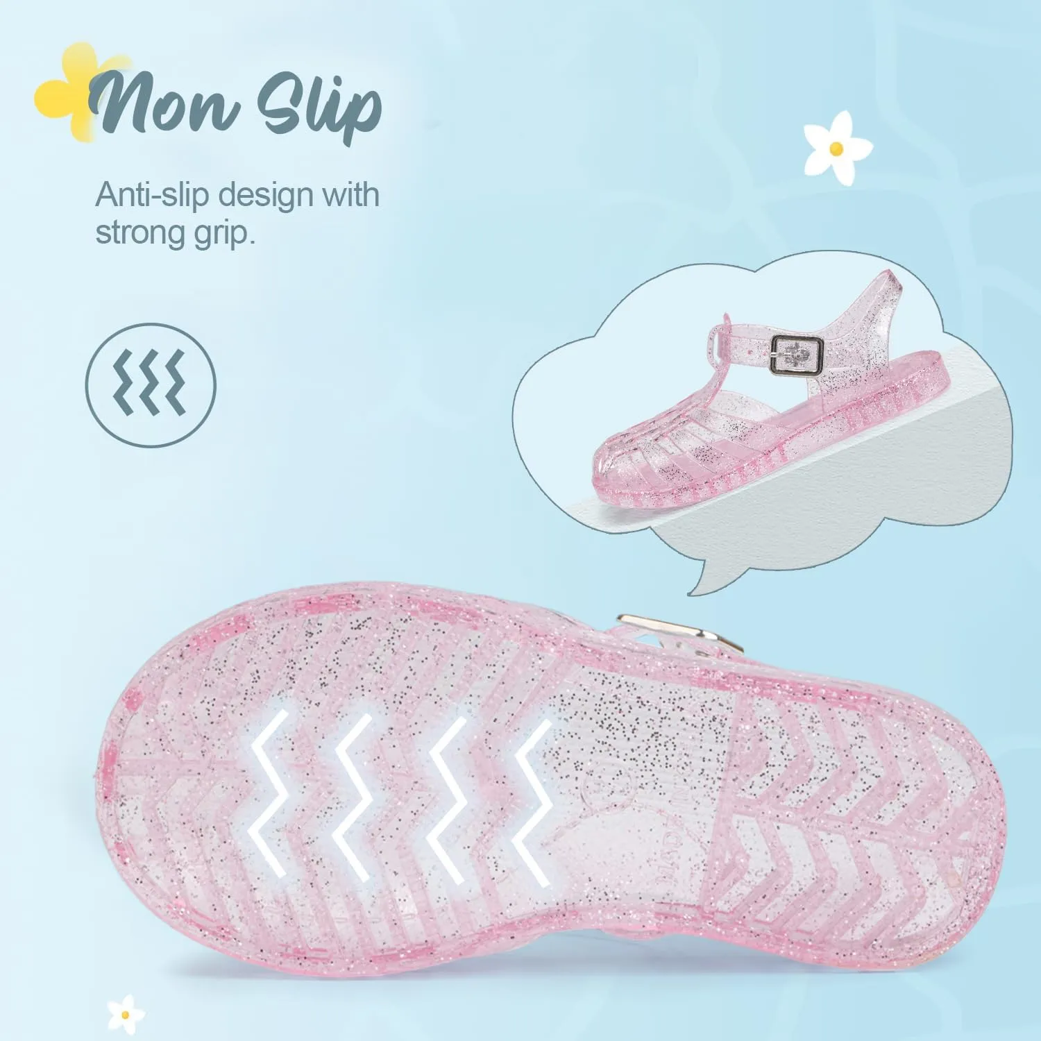 Sawimlgy Toddler Girls Jelly Sandals Summer Beach Closed Toe Crystal Princess Dress Flat Little Kid T-strap Rubber Sole Shoe