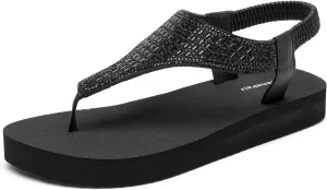 SelenePair Women's T-strap Thong Flat Sandals Summer Rhinestone Bling Elastic Yoga Mat Flip Flops