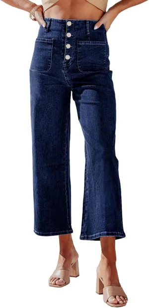 Sidefeel Women's Wide Leg Jeans High Waisted Zimbaplatinum Stretchy Straight Leg Jeans Buttoned Loose Denim Pants with Pocket