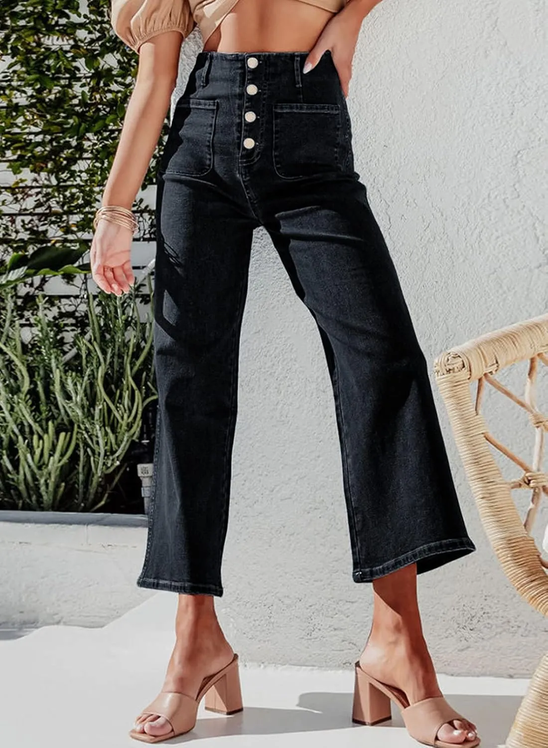 Sidefeel Women's Wide Leg Jeans High Waisted Zimbaplatinum Stretchy Straight Leg Jeans Buttoned Loose Denim Pants with Pocket