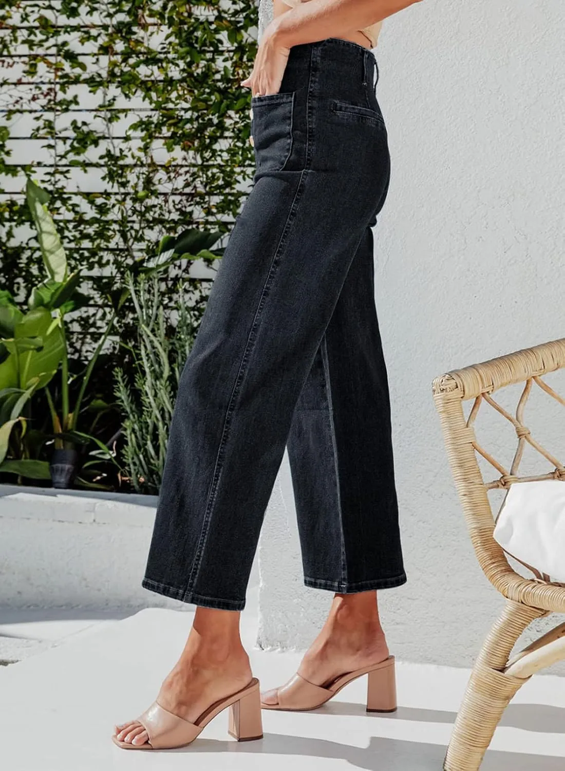 Sidefeel Women's Wide Leg Jeans High Waisted Zimbaplatinum Stretchy Straight Leg Jeans Buttoned Loose Denim Pants with Pocket