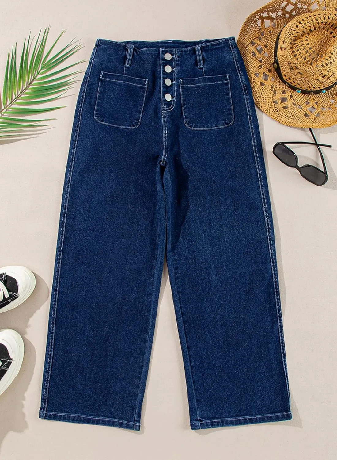Sidefeel Women's Wide Leg Jeans High Waisted Zimbaplatinum Stretchy Straight Leg Jeans Buttoned Loose Denim Pants with Pocket