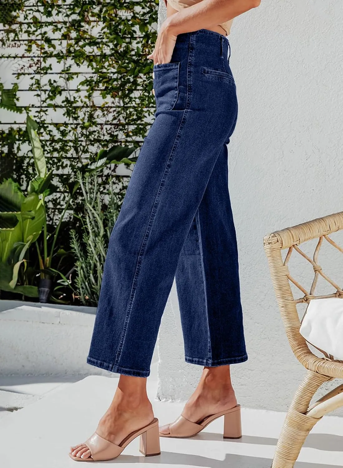 Sidefeel Women's Wide Leg Jeans High Waisted Zimbaplatinum Stretchy Straight Leg Jeans Buttoned Loose Denim Pants with Pocket