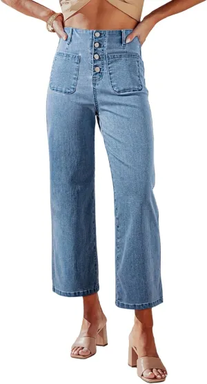 Sidefeel Women's Wide Leg Jeans High Waisted Zimbaplatinum Stretchy Straight Leg Jeans Buttoned Loose Denim Pants with Pocket