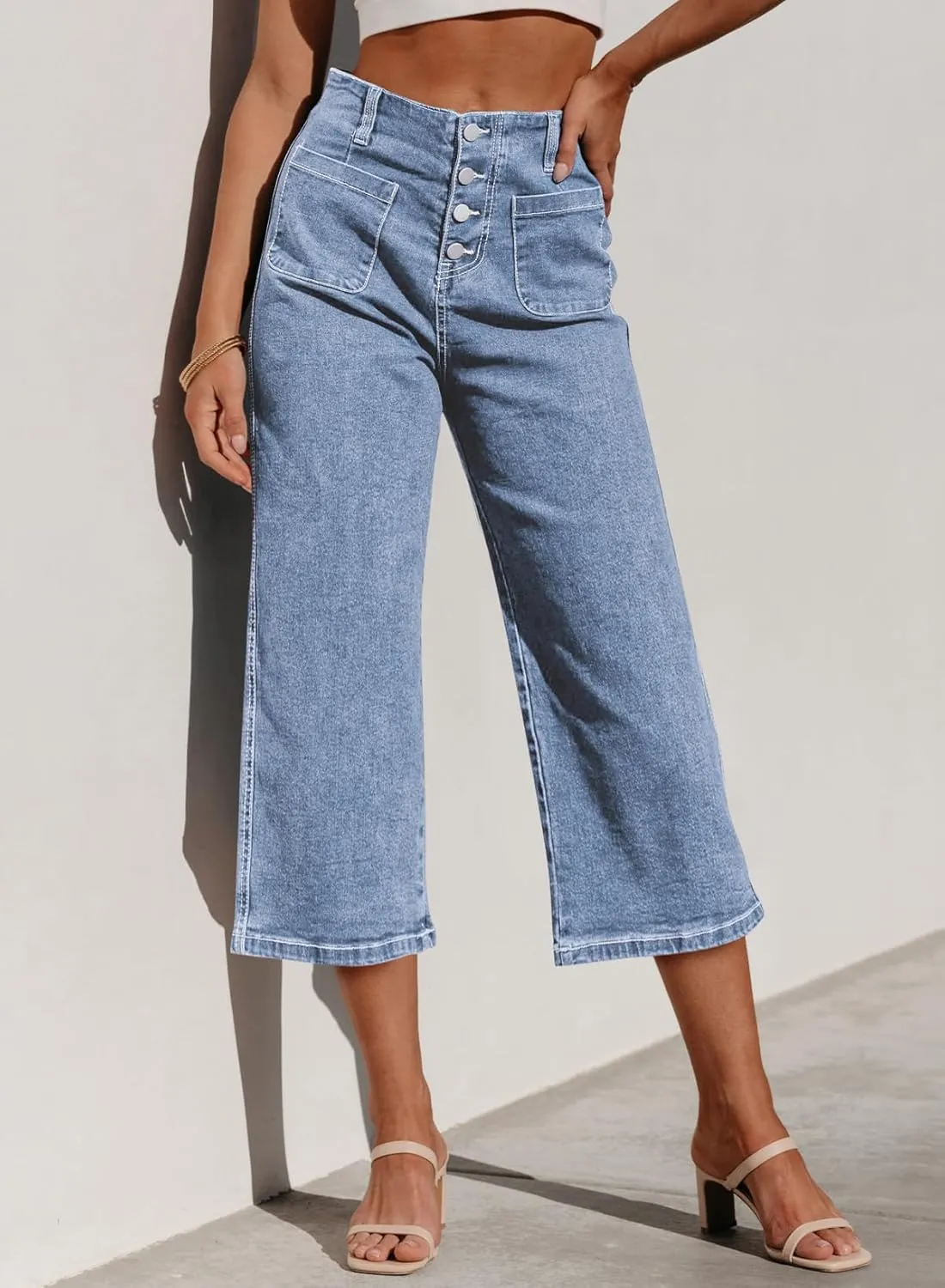Sidefeel Women's Wide Leg Jeans Zimbaplatinum High Waisted Stretchy Capri Pants Loose Denim Pants