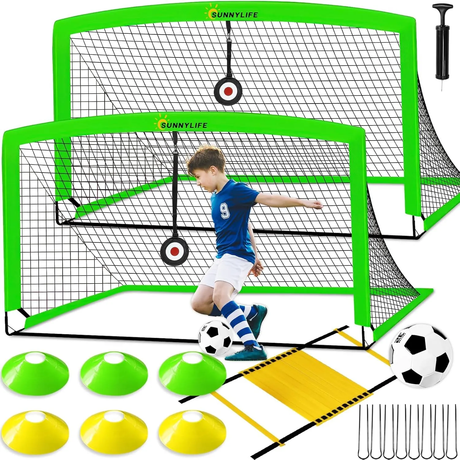Soccer Goal for Backyard, 2 Pack 6x4 ft Soccer Nets, Portable Pop Up Soccer Goals, Soccer Kit Training Equipment with Soccer Ball, Target, Agility Ladder and Cones, Youth Outdoor Sports Games
