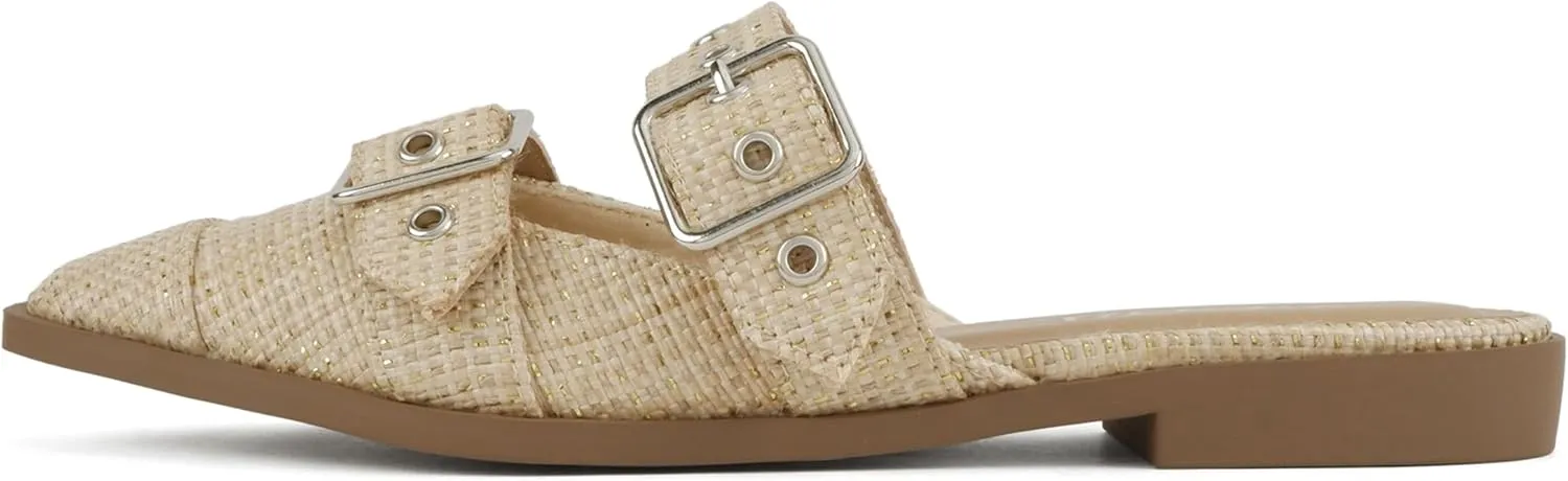 Soda Usual ~ Women Pointed Toe Slip-On Low Heel Mule with Buckle Straps
