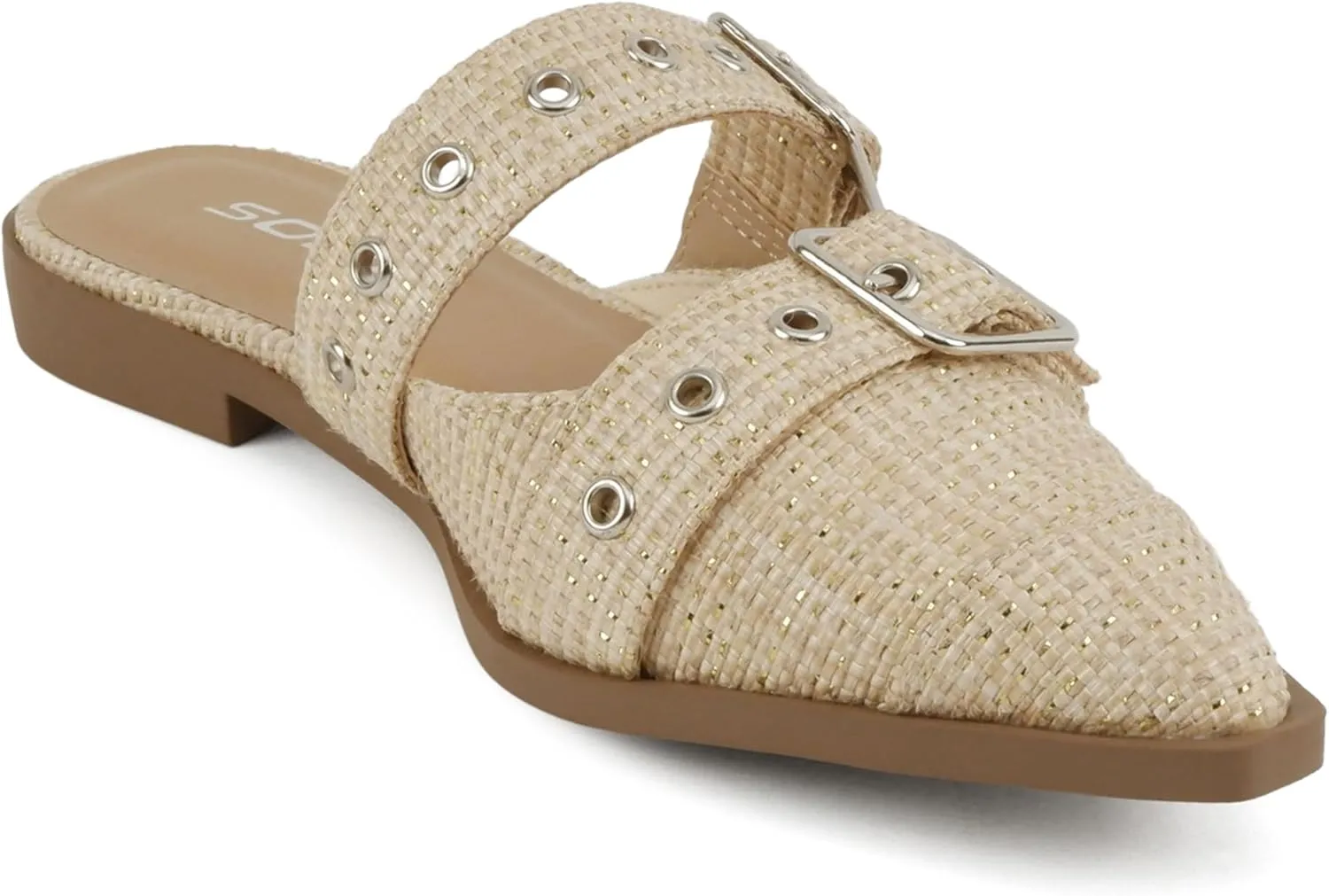 Soda Usual ~ Women Pointed Toe Slip-On Low Heel Mule with Buckle Straps