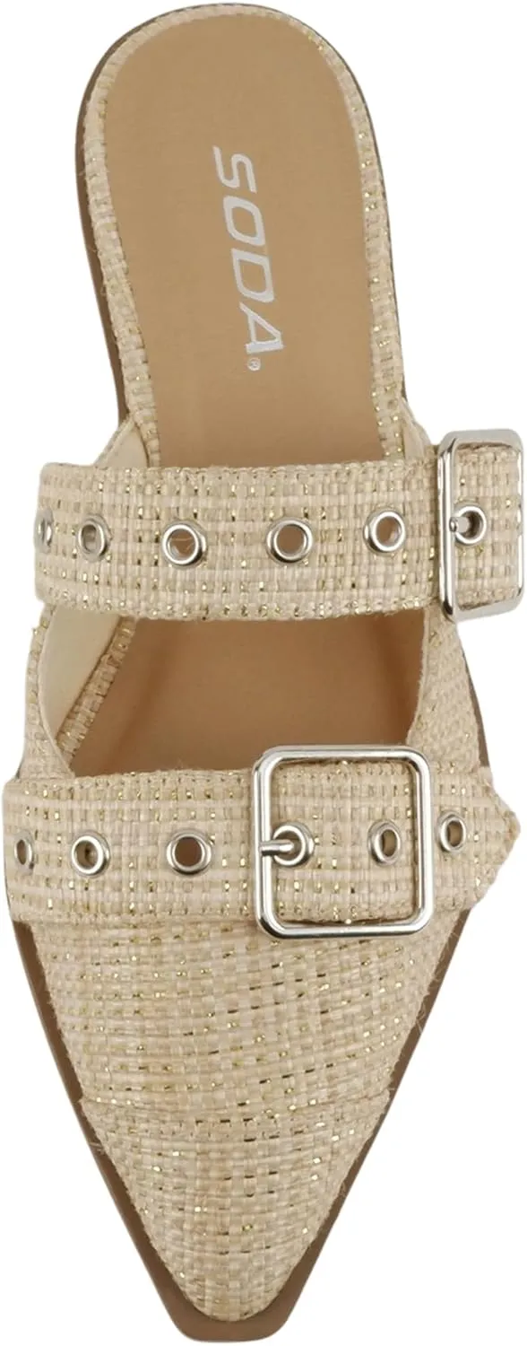 Soda Usual ~ Women Pointed Toe Slip-On Low Heel Mule with Buckle Straps