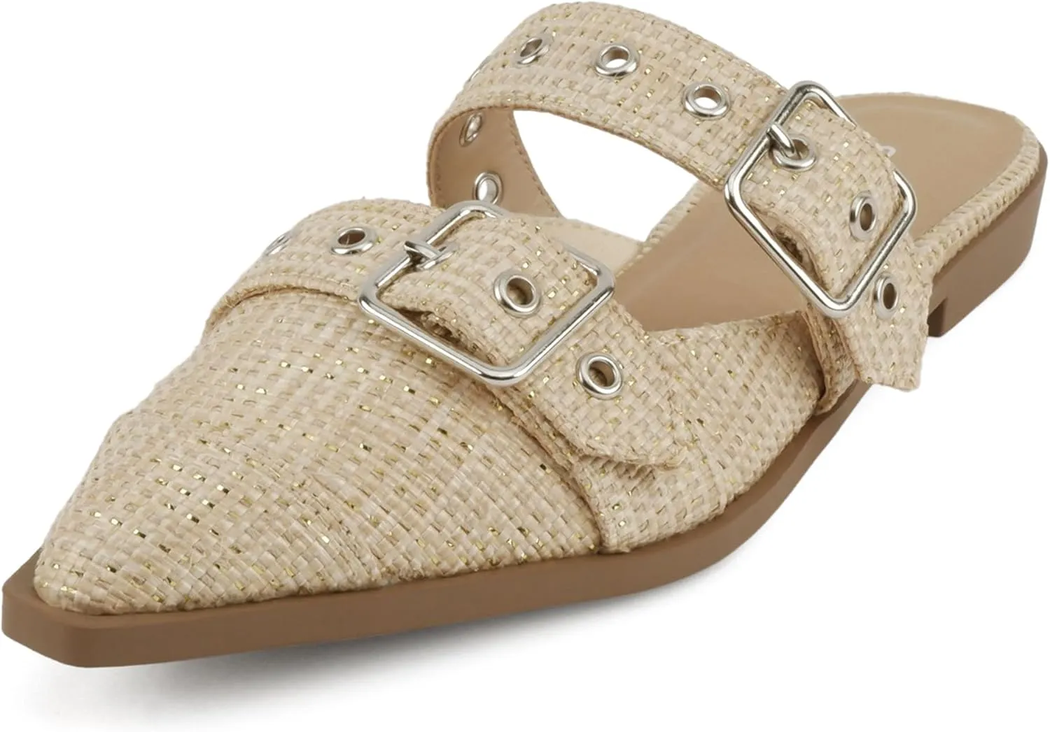 Soda Usual ~ Women Pointed Toe Slip-On Low Heel Mule with Buckle Straps