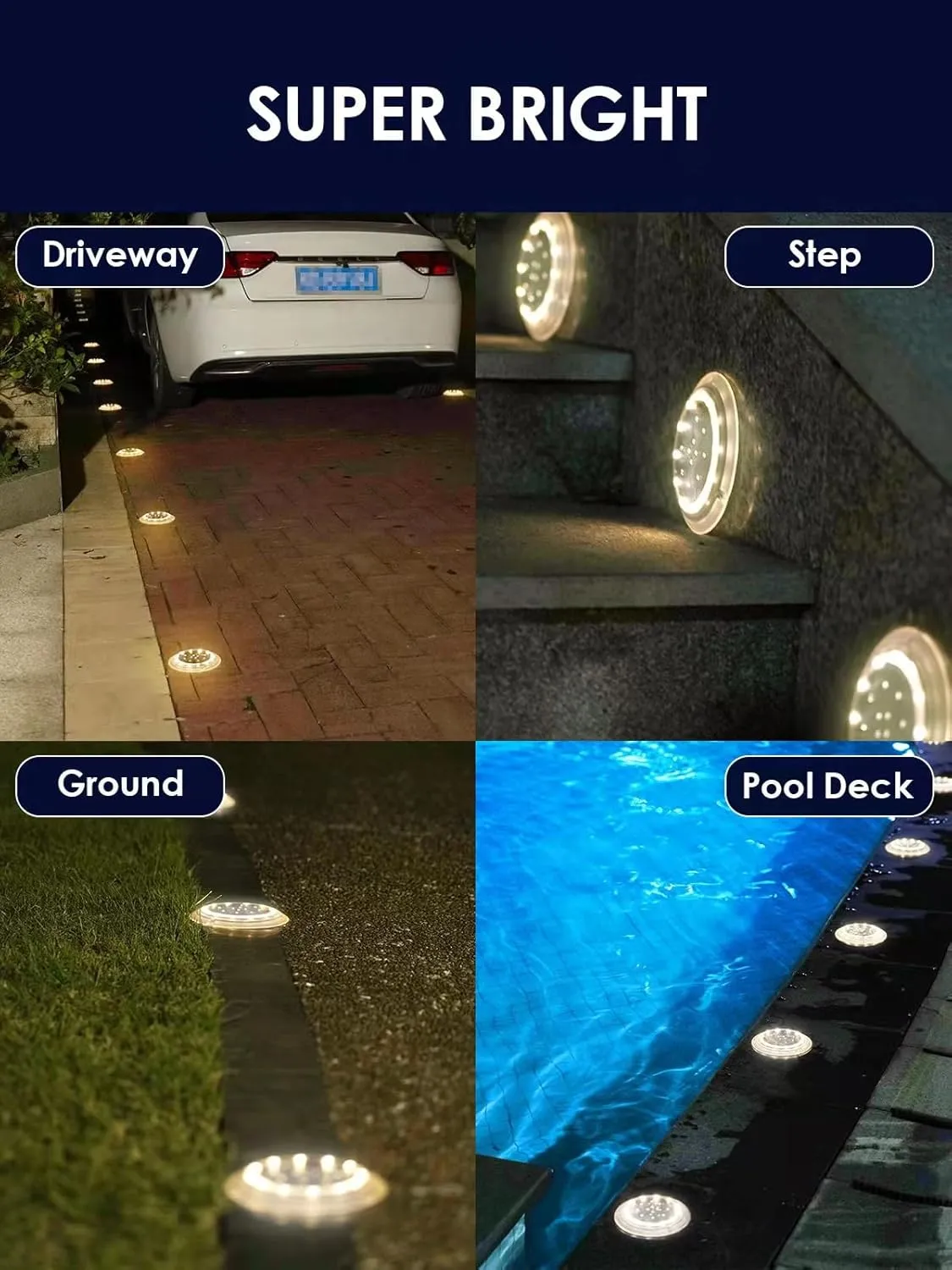 Solar Deck Lights, IP67 Waterproof Pool Lights, Anti-Slip&Trip Super Bright Driveway Markers, Flat Pathway Disc LED for Outside Ground, Step, Yard, Dock (Warm White,12Pack)