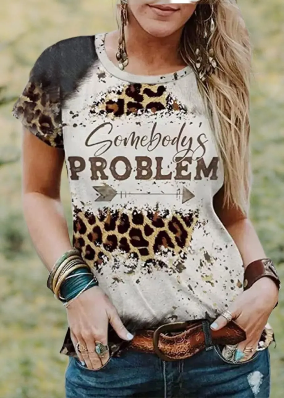 Somebody's Problem T-Shirt for Women Vintage Bleached Country Music Tshirt Retro Leopard Graphic Casual Shirt Tops