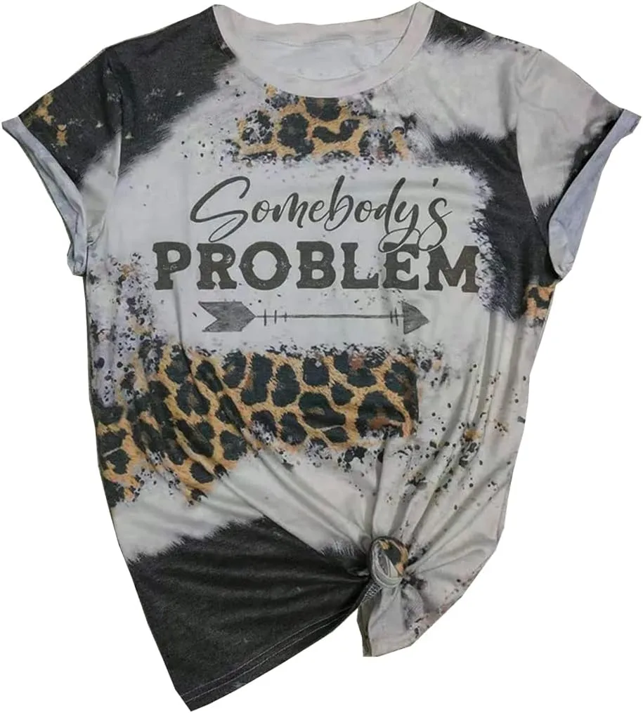 Somebody's Problem T-Shirt for Women Vintage Bleached Country Music Tshirt Retro Leopard Graphic Casual Shirt Tops