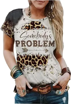 Somebody's Problem T-Shirt for Women Vintage Bleached Country Music Tshirt Retro Leopard Graphic Casual Shirt Tops