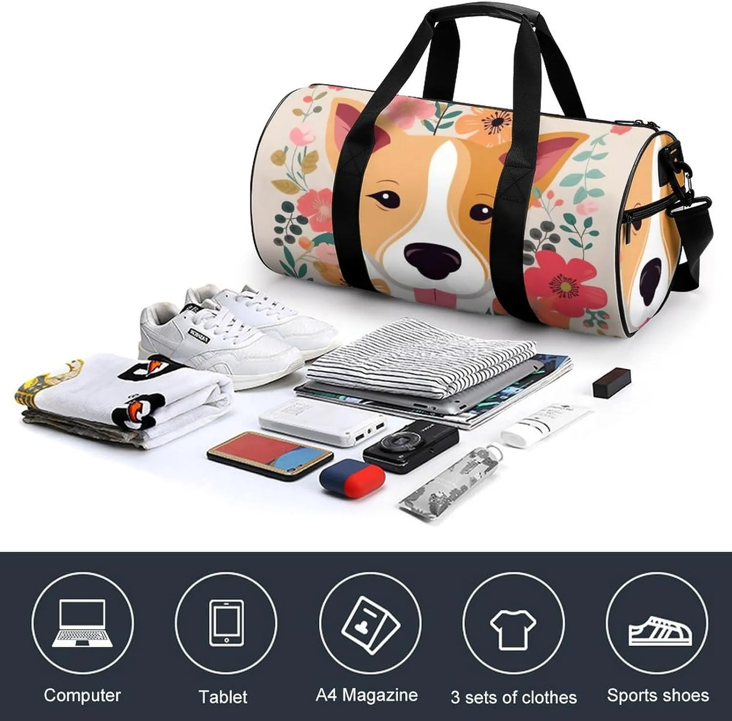 Sports Gym Bag for Women Men Travel Duffel Bag Tote Weekender Bag Dog Florals Carry on Overnight Bag for Travel Swimming Fitness Workout Sports Duffle Bag