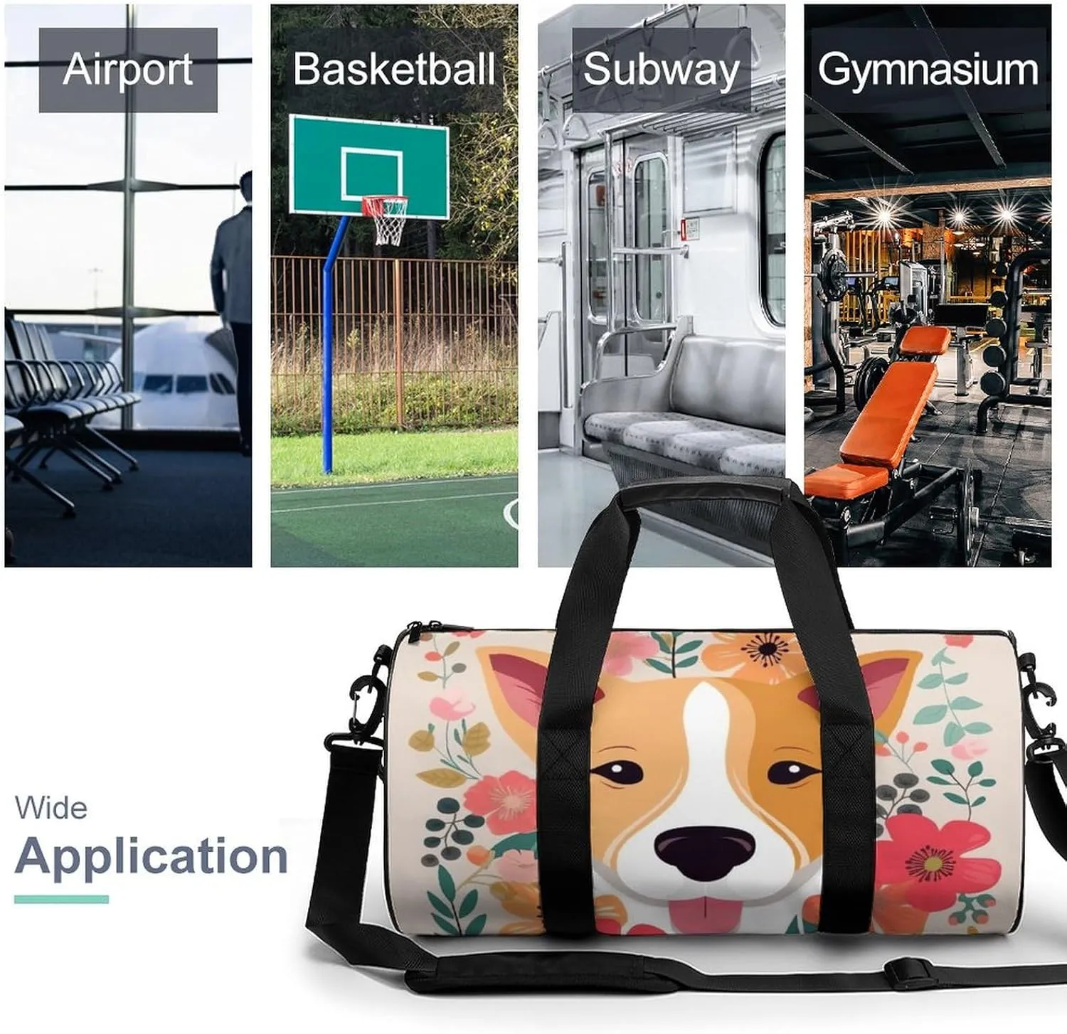 Sports Gym Bag for Women Men Travel Duffel Bag Tote Weekender Bag Dog Florals Carry on Overnight Bag for Travel Swimming Fitness Workout Sports Duffle Bag