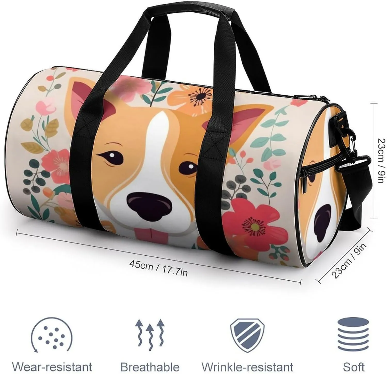 Sports Gym Bag for Women Men Travel Duffel Bag Tote Weekender Bag Dog Florals Carry on Overnight Bag for Travel Swimming Fitness Workout Sports Duffle Bag