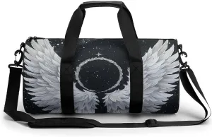Sports Gym Bag for Women Men Travel Duffel Bag Tote Weekender Bag White Wings with Halo Carry on Overnight Bag for Travel Swimming Fitness Workout Sports Duffle Bag