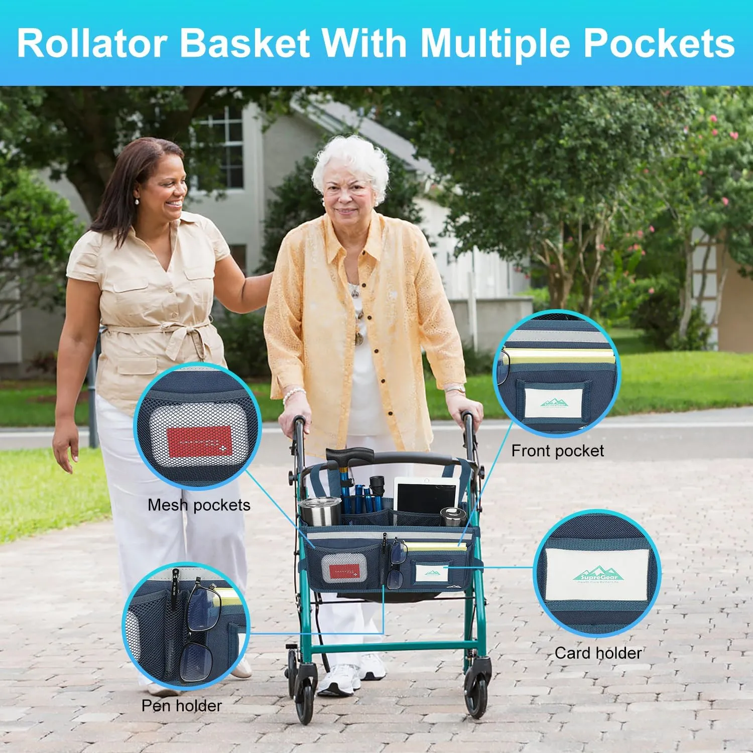 supregear Rollator Basket, Rollator Walker Bag w/Cup Holder, Foldable Rolling Walker Waterproof Storage Pouch with Big Capacity & Never Tipping Over, Easy to Use Rollator Accessories for Seniors