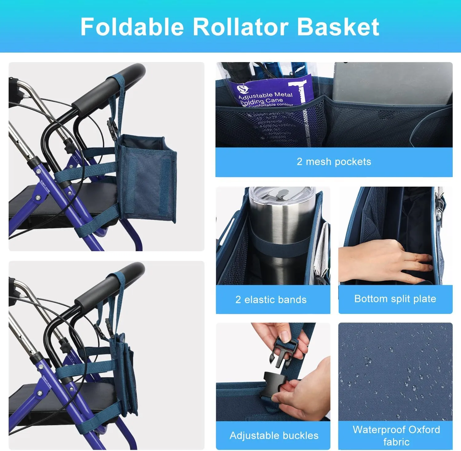 supregear Rollator Basket, Rollator Walker Bag w/Cup Holder, Foldable Rolling Walker Waterproof Storage Pouch with Big Capacity & Never Tipping Over, Easy to Use Rollator Accessories for Seniors