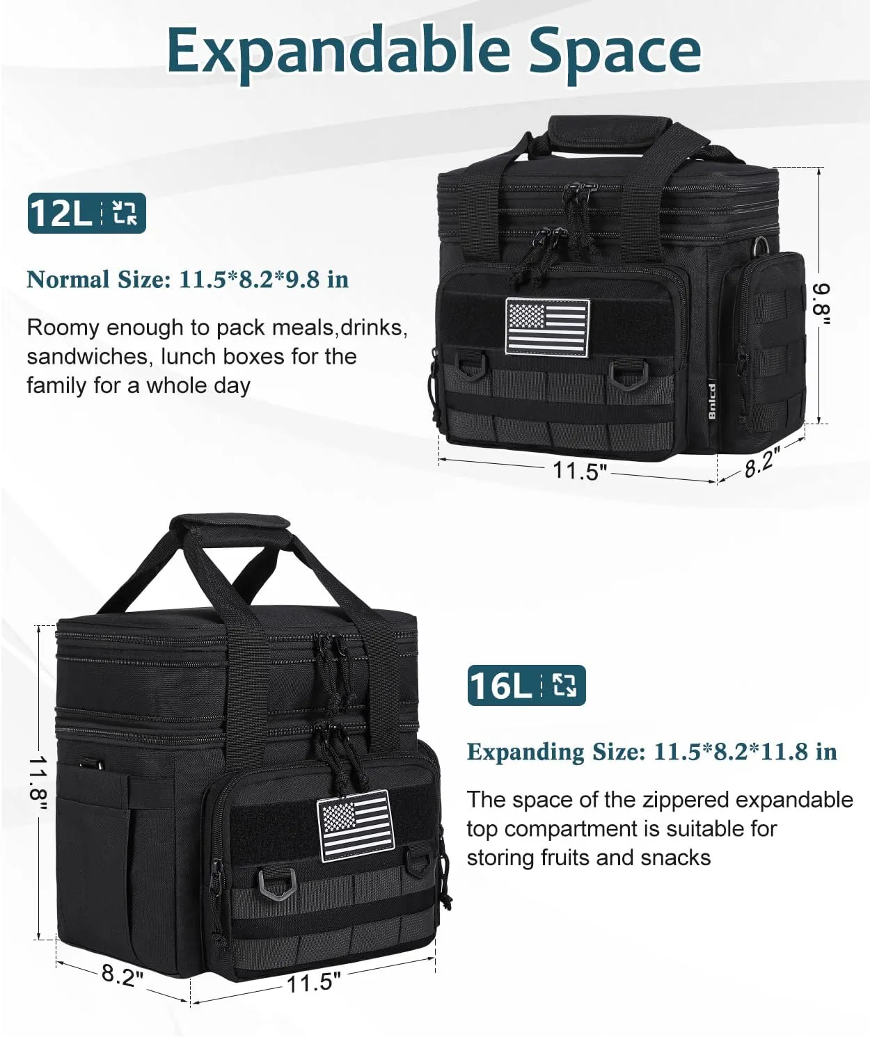 Tactical Lunch Box for Men, Expandable Large Insulated Lunch Bag for Adult, Heavy Duty Double Deck Lunch Cooler Bag with Shoulder Strap Leakproof Waterproof Lunch Tote for Travel Work Office - Black