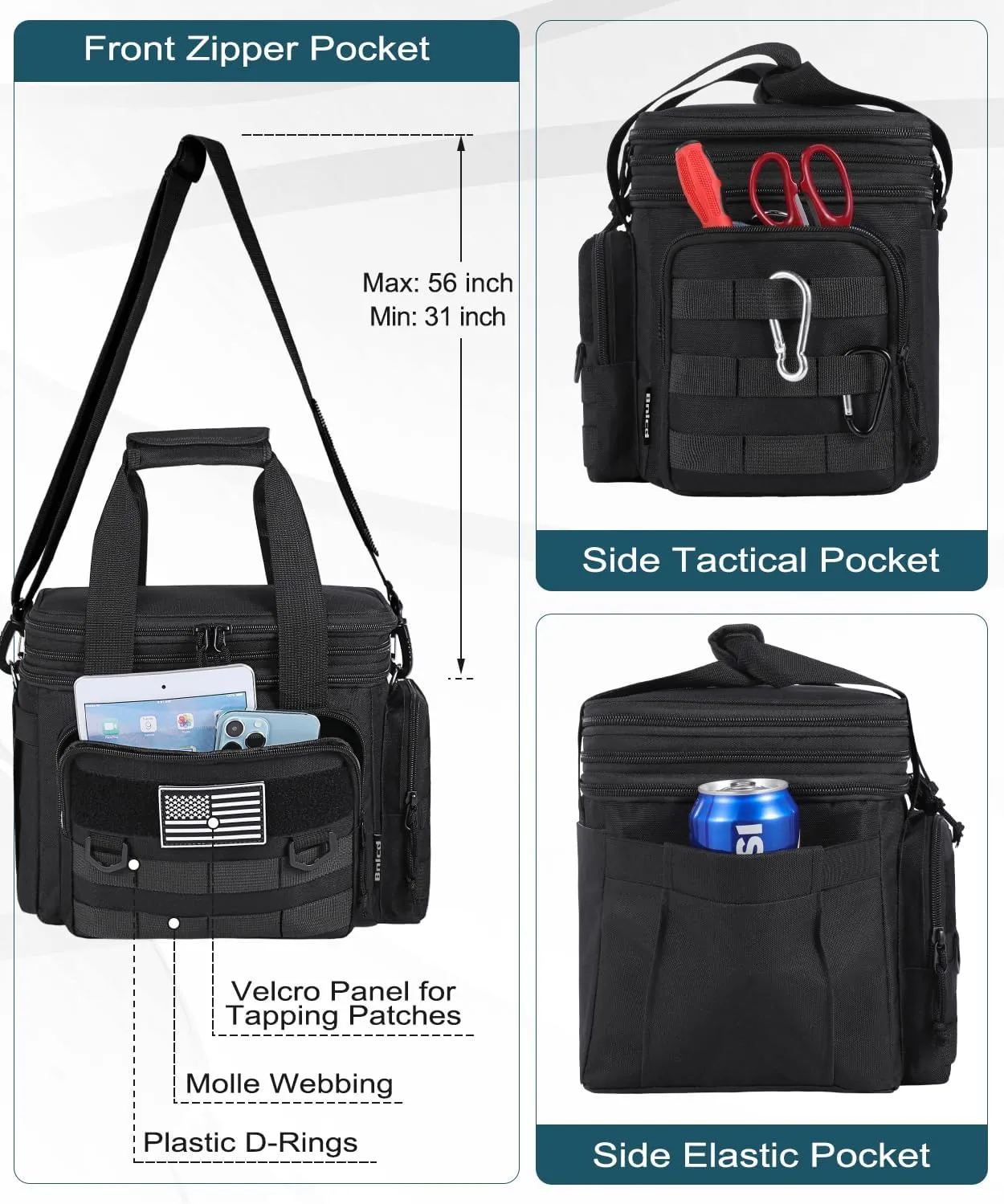 Tactical Lunch Box for Men, Expandable Large Insulated Lunch Bag for Adult, Heavy Duty Double Deck Lunch Cooler Bag with Shoulder Strap Leakproof Waterproof Lunch Tote for Travel Work Office - Black