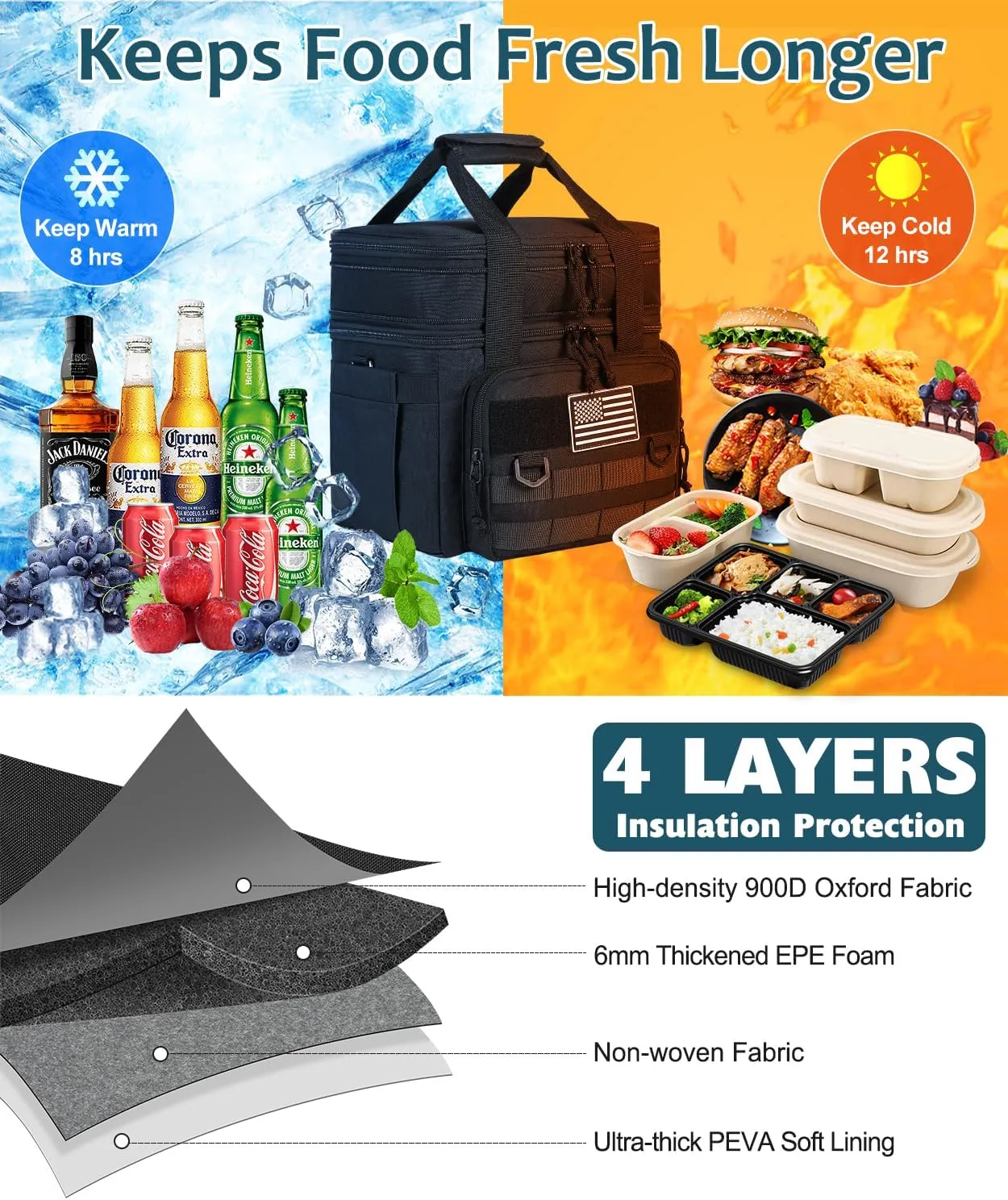 Tactical Lunch Box for Men, Expandable Large Insulated Lunch Bag for Adult, Heavy Duty Double Deck Lunch Cooler Bag with Shoulder Strap Leakproof Waterproof Lunch Tote for Travel Work Office - Black