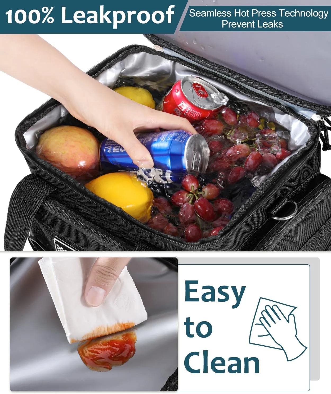 Tactical Lunch Box for Men, Expandable Large Insulated Lunch Bag for Adult, Heavy Duty Double Deck Lunch Cooler Bag with Shoulder Strap Leakproof Waterproof Lunch Tote for Travel Work Office - Black